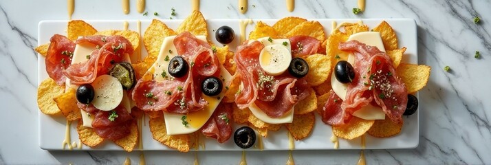Elegant salami and olive appetizer on crispy potato chips garnished with cheese