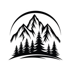 majestic mountain range silhouette with pine trees