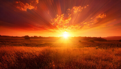 Naklejka premium red sunset bright summer background with sun rays