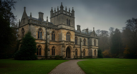 Fototapeta premium Majestic Manor House Amidst Nature's Embrace On A Foggy Day