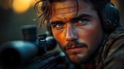 Intense Focus A Soldier with Tactical Gear and Weapon in Sunset Light