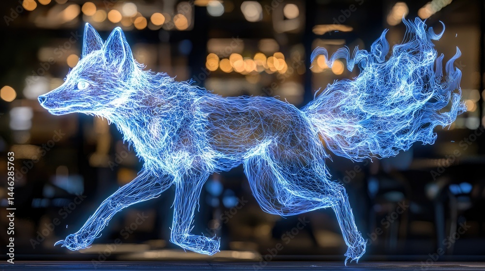 Poster A glowing abstract fox walking on a blurred background setting
