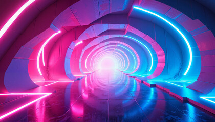 Obraz premium Vibrant neon corridor with glowing lights and reflective surfaces 