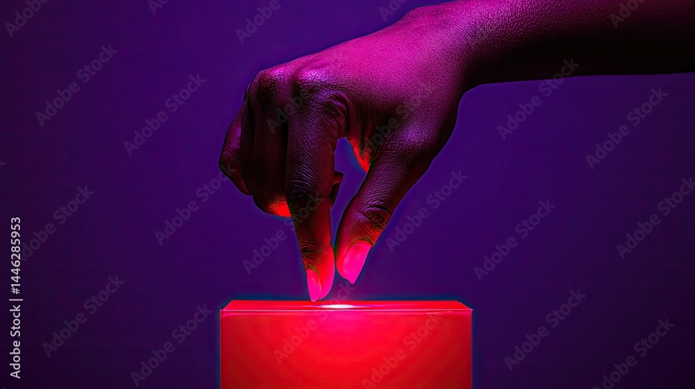 Poster A dark hand gently touching a glowing red rectangular object