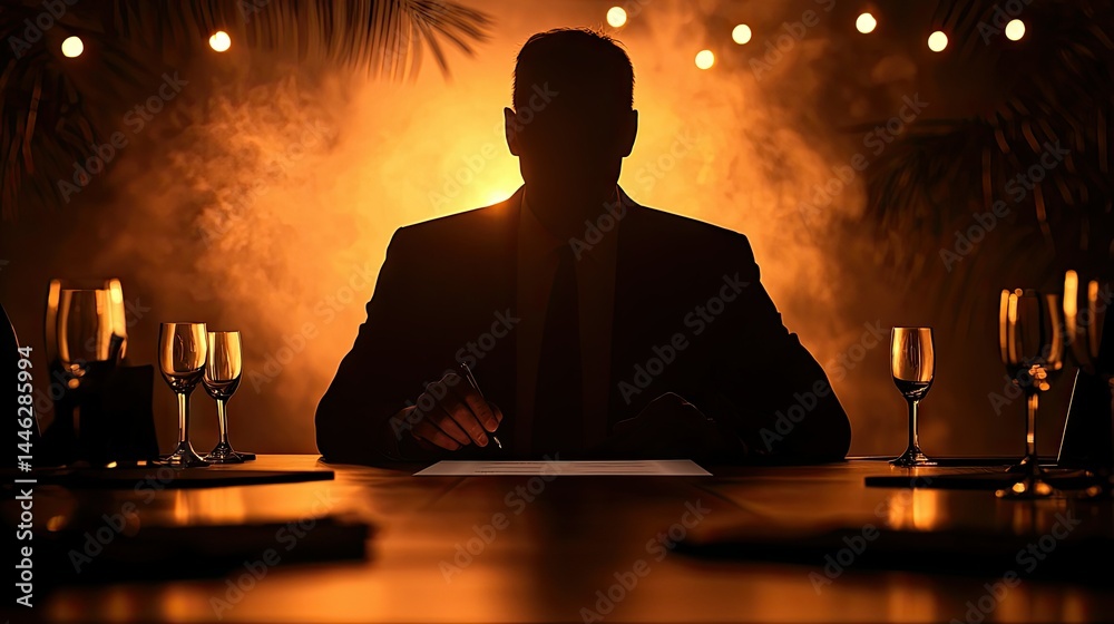 Poster a silhouette of a man in suit signing documents at table