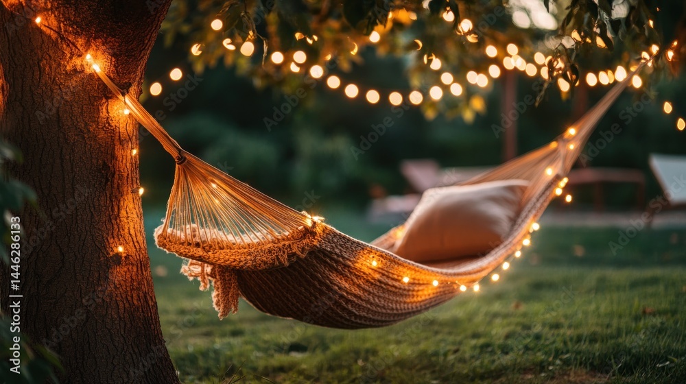 Aufkleber Hammock strung between trees with string lights illuminating it