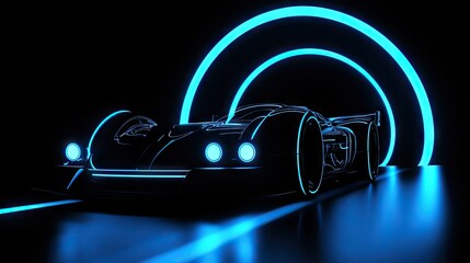 A futuristic sports car is highlighted by glowing neon blue lights