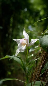 Delicate white calanthe flower blooming in natural light of forest, with softly blurred green background and fragile petals, showcasing natural beauty.