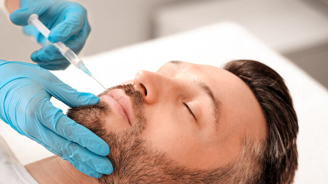 Attractive bearded man visiting aesthetic clinic, getting lips filler, closeup. Middle aged businessman having beauty injection at male spa salon. Face care, anti-aging treatment for men concept