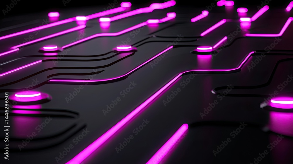 Poster an illuminated circuit board design with glowing purple lines present