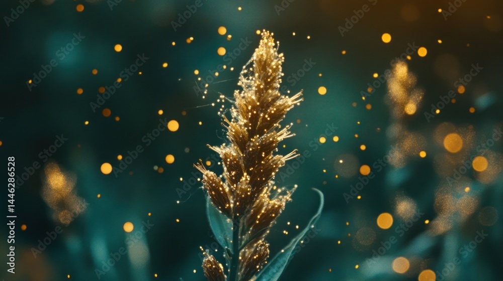Aufkleber golden wheat stalk glows in a field with bokeh lights