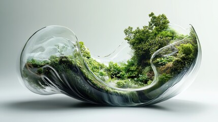 Lush green ecosystem encased within a fluid clear glass structure