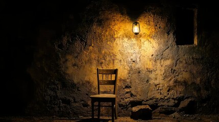 A lone wooden chair illuminated by a hanging oil lamp