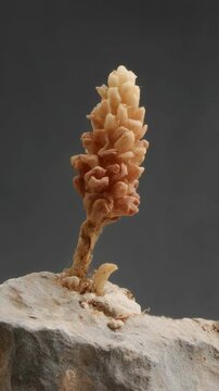Orobanche plant growing on a rock formation, a parasitic wildflower with textured petals, close-up studio shot against dark gray background