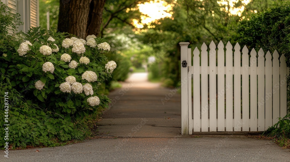 Poster a white picket fence opens to a pathway with flowers and trees