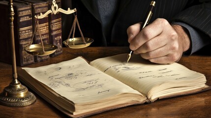 Scales of justice sit behind a man writing in a book
