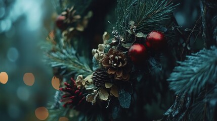 Close up of a christmas wreath decorated with ornaments