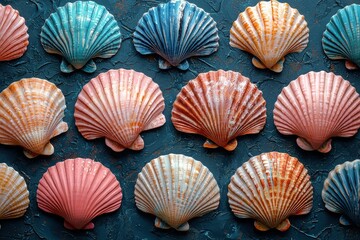 Pattern of colorful seashells arranged neatly against a textured surface