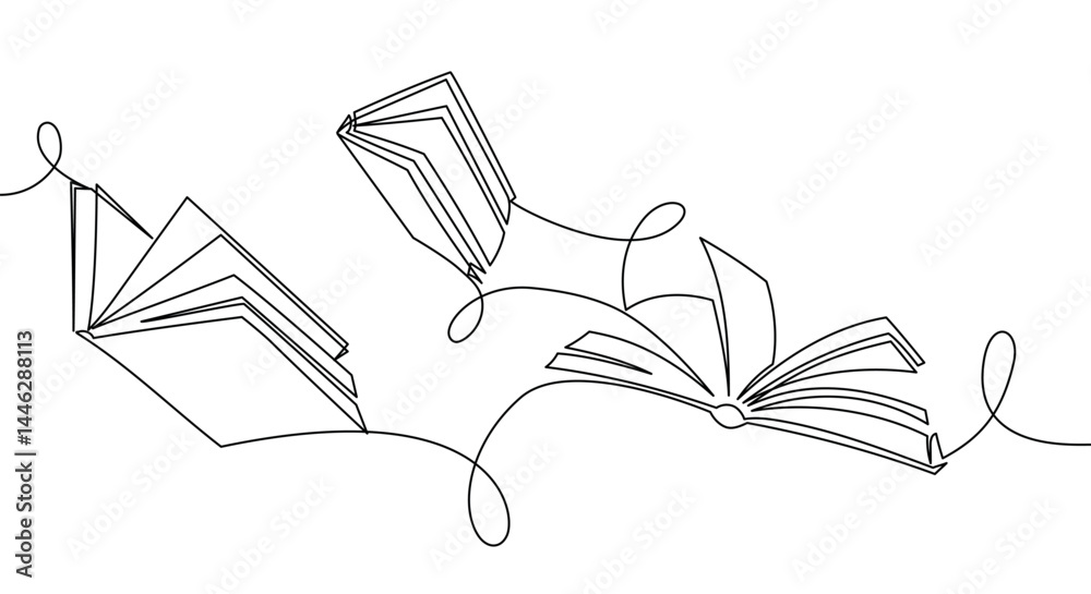 Wall mural one continuous line banner of openflying books. education and knowledge library concept in simple li