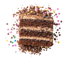 Delicious chocolate cake slice bakery food top-down isolated on transparent background