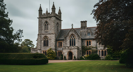 Fototapeta premium Grand Estate: Majestic Stone Mansion Amidst Lush Greenery Under Moody Skies