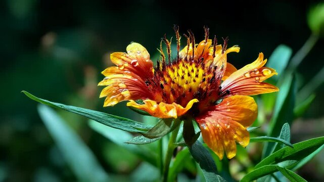 Gaillardia pulchella flower, also known as firewheel, Indian blanket, or blanket flower. It is covered in rain droplets and set against a lush green background.