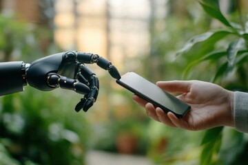 Robot hand interacting with a smartphone held by a human hand