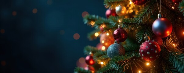 Ornate Christmas tree, vibrant ornaments, glowing lights, evergreen, ribbon, cone