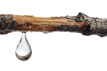 A single teardrop of sap hangs from a broken branch showcasing nature s delicate beauty with stark