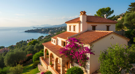 Fototapeta premium Stunning Villa Overlooking the Mediterranean Coast on a Sunny Day