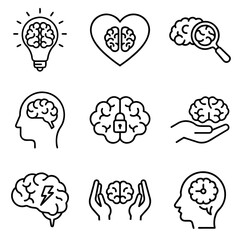Brain Icons Representing Thoughts and Emotions in Black Line Art, icons set, vector   