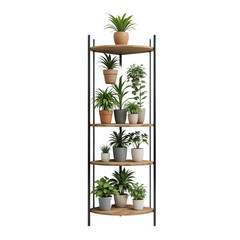 Modern Wooden and Metal Plant Stand with Various Houseplants in Pots A Stylish Indoor Garden Display