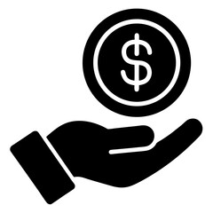 A simple, flat vector icon of a hand holding a coin with a dollar sign. isolated on white background