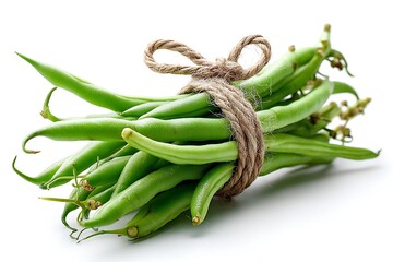 Fresh green beans tied with twine, isolated on a white background, symbolizing organic and healthy eating.