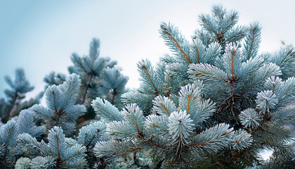 blue spruce with fluffy frost covered needles the branches form a dense texture shades of blue and green contrast with the soft white background close up of the needles