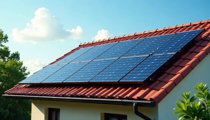 Fototapeta premium Solar panels seamlessly integrated onto a residential roof , solar system, global warming