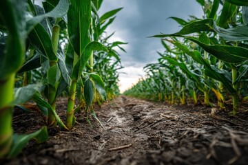 Fototapeta premium Low Angle View of a Cornfield with Lush Green Stalks Under an Overcast Sky After Rain, Showing the Muddy Row