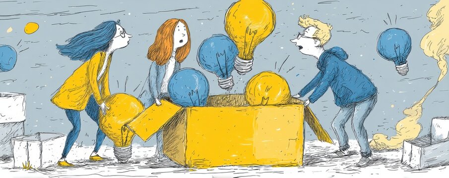 Creative collaboration with light bulbs representing bright ideas and innovation - Powered by Adobe