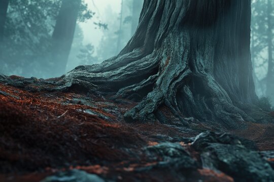 Enormous tree base in foggy forest, roots exposed, red ground cover.