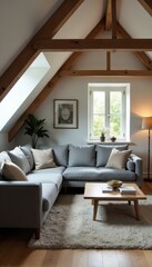 Grey sofa in spacious attic living room, exposed beams , comfortable, living room
