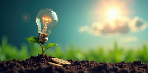 Lightbulb-tree sprouting from soil, coins below, sunny sky , success, savings
