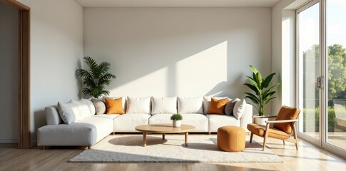 Minimalist living room, natural light floods space, minimal, aesthetic