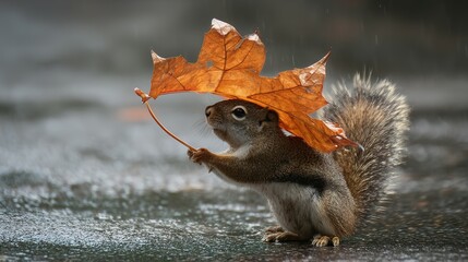 Fototapeta premium A small squirrel shelters from the rain under a leaf.
