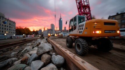 Construction site with heavy machinery and city skyline at sunset, urban development, railway track expansion, city planning