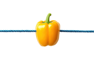Vibrant yellow bell pepper hanging on blue string minimalist food photography with bright white