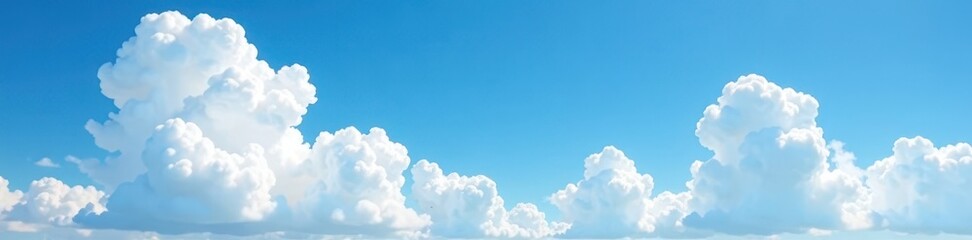 Summer sky, fluffy white cumulus clouds drift on azure blue , photo, cloud