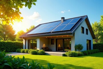 Sun-drenched modern home showcasing efficient solar panel array , roof, efficiency