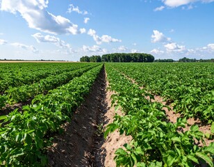Expansive green potato field under clear blue sky