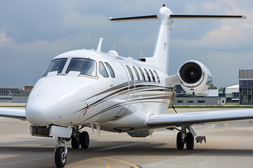 Sleek White Private Jet with Polished Finish on Airport Tarmac Under Cloudy Sky

