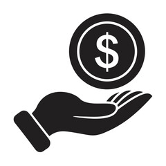 Black Silhouette of Open Hand Holding Dollar Coin on White Background Isolated